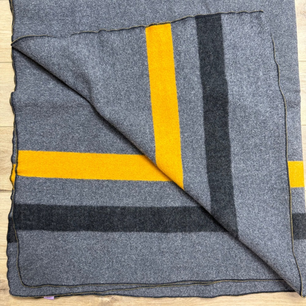 Paul Dubin Co Vintage‎ 1989 100% Wool Military Blanket Gray Yellow Stripe 62x80